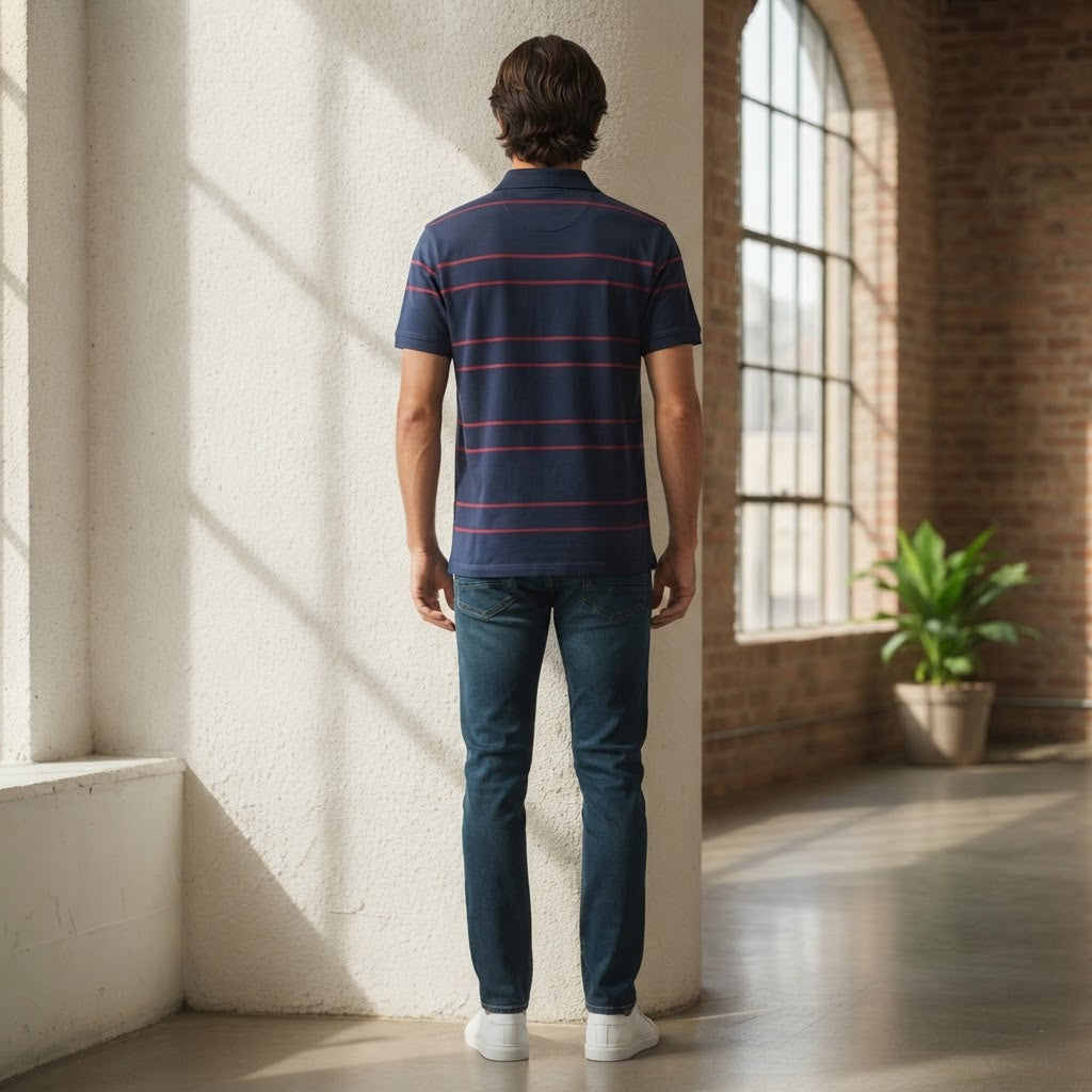 ANKO Navy Blue and Red Striped Men's Polo Shirt with Pocket