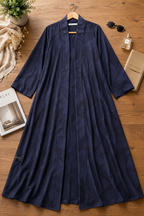 Navy Blue Jacquard Satin A-Line Open Front Abaya