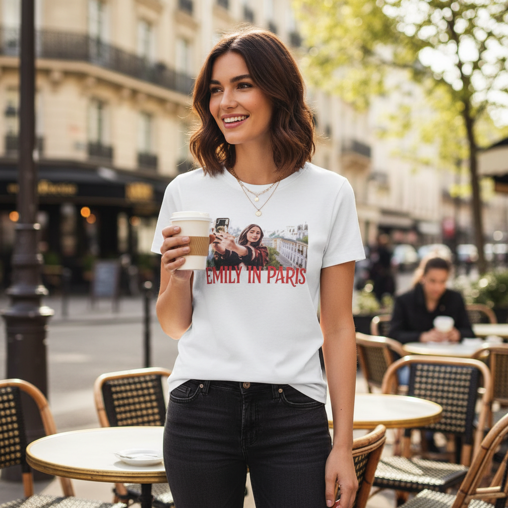 Netflix Emily in Paris White Cotton Graphic T-Shirt