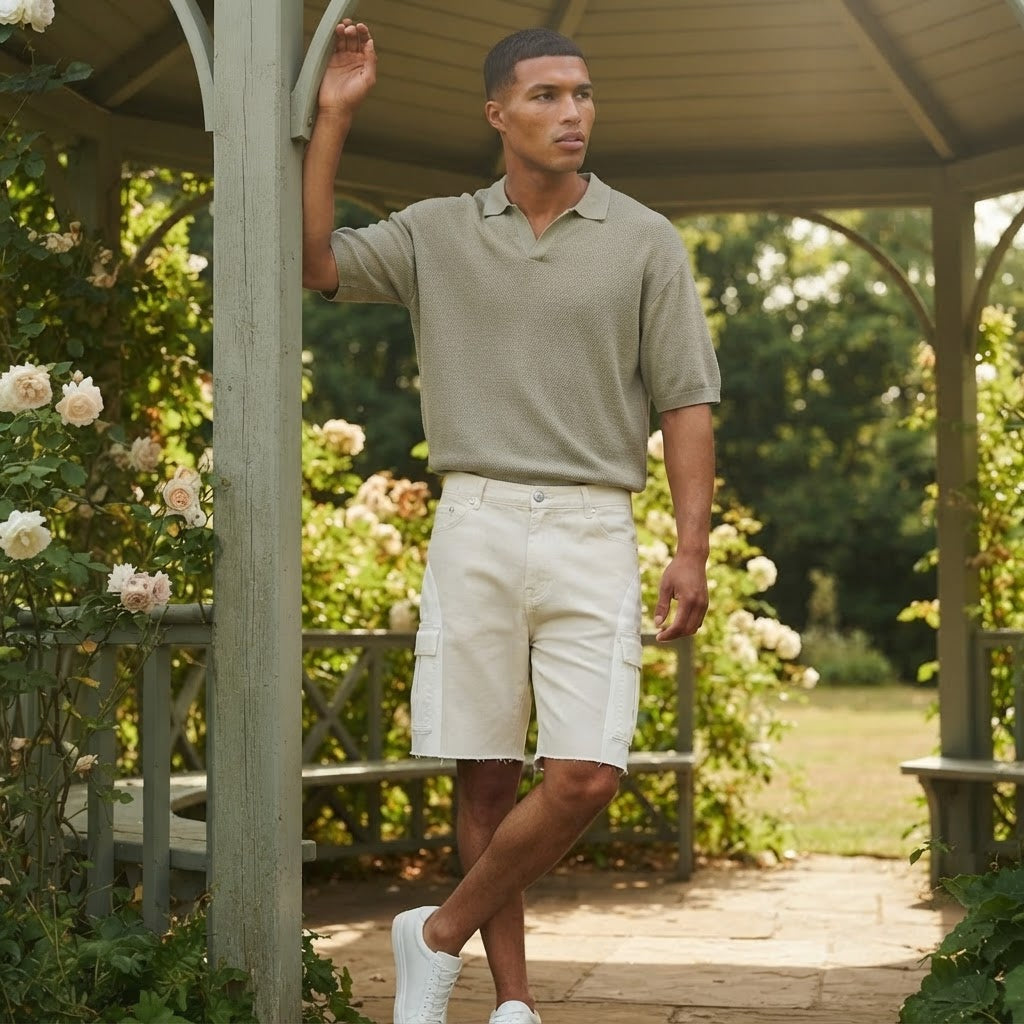 [WearU Generated:campaign_3] Boohooman Ecru Cotton Twill Colour Block Wide-Leg Cargo Shorts – back view