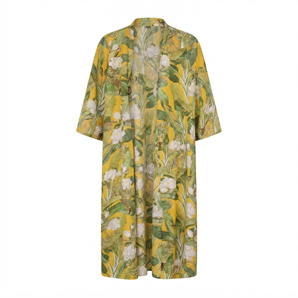 SHEIN Women's Yellow Tropical Floral Long Robe Kimono Abaya