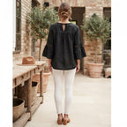 Women's Black Bohemian Linen Blouse with Crochet Lace