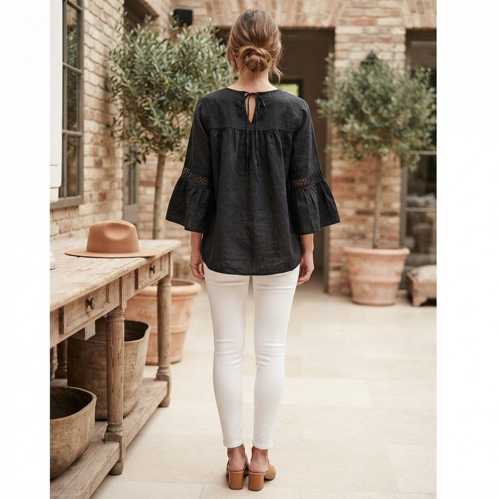 Women's Black Bohemian Linen Blouse with Crochet Lace