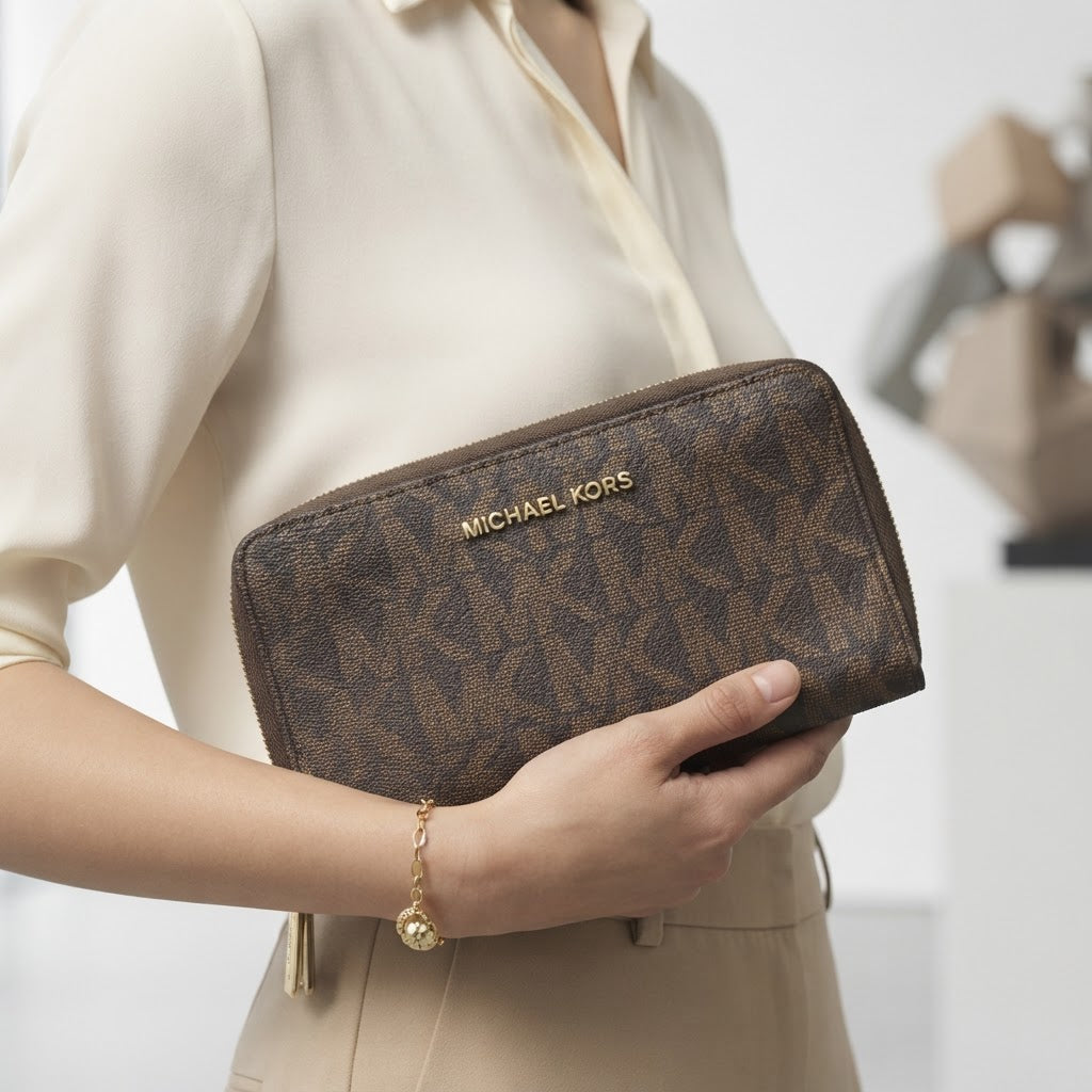 MICHAEL KORS Michael Kors Double-Zip Brown Monogram Wallet