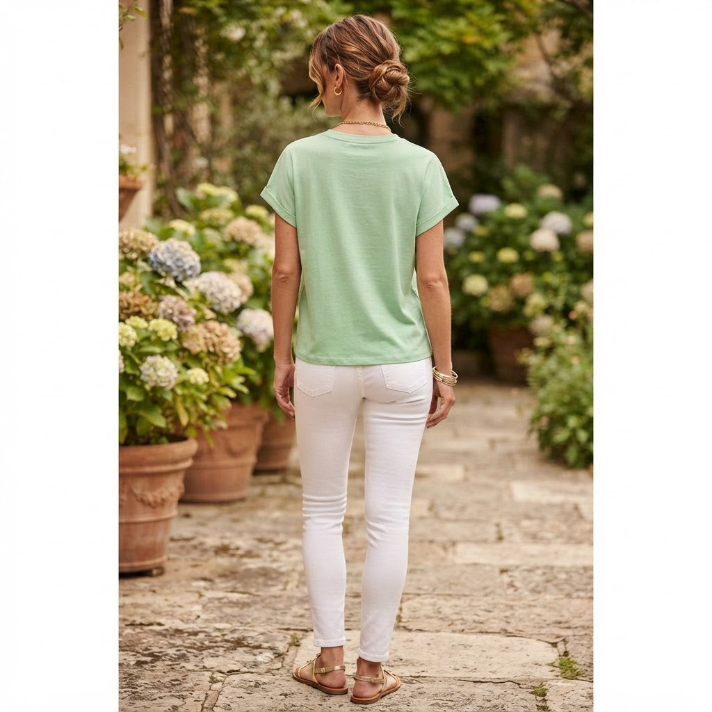 esmara Women's Light Green T-Shirt with Floral Eyelet Yoke