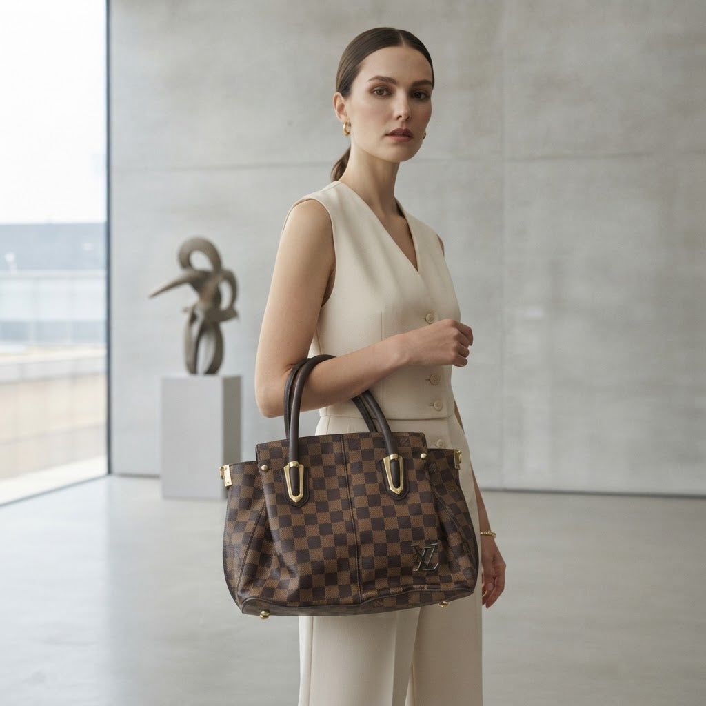 LOUIS VUITTON PARIS Brown Checkered Structured Top-Handle To
