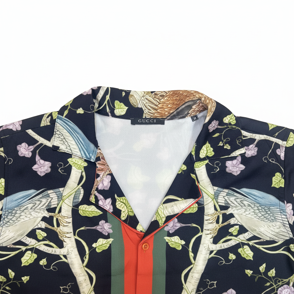 GUCCI Men's Black Bird & Floral Print Camp Collar Shirt
