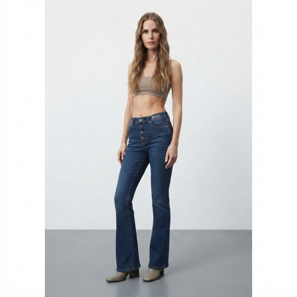 QS Deep Indigo Flared Jeans with Exposed Button Fly