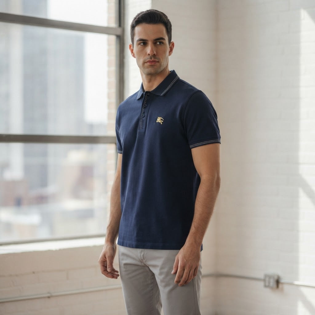 Burberry Navy Blue Tipped Cotton Polo Shirt with Gold Embroi