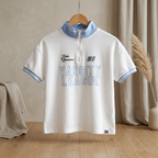 SUMWON White & Blue Varsity Jersey Top with Zip Mock Collar