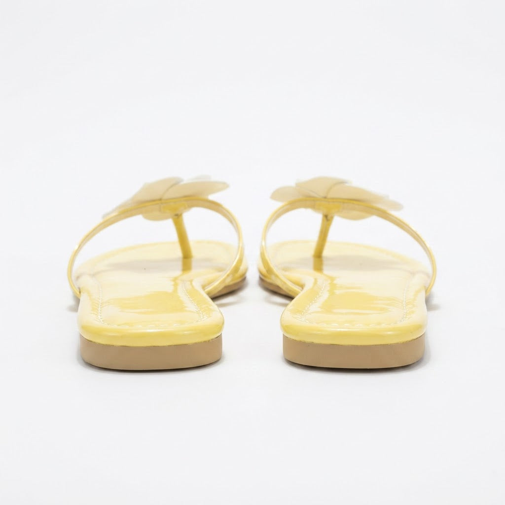 Women's Yellow Glossy Flat Thong Sandals with Flower