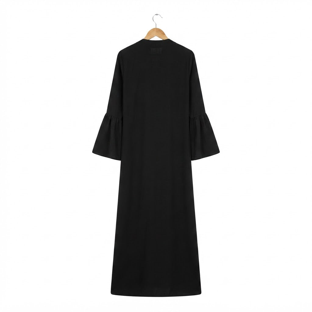 Women's Black Open-Front Abaya with Bell Sleeves