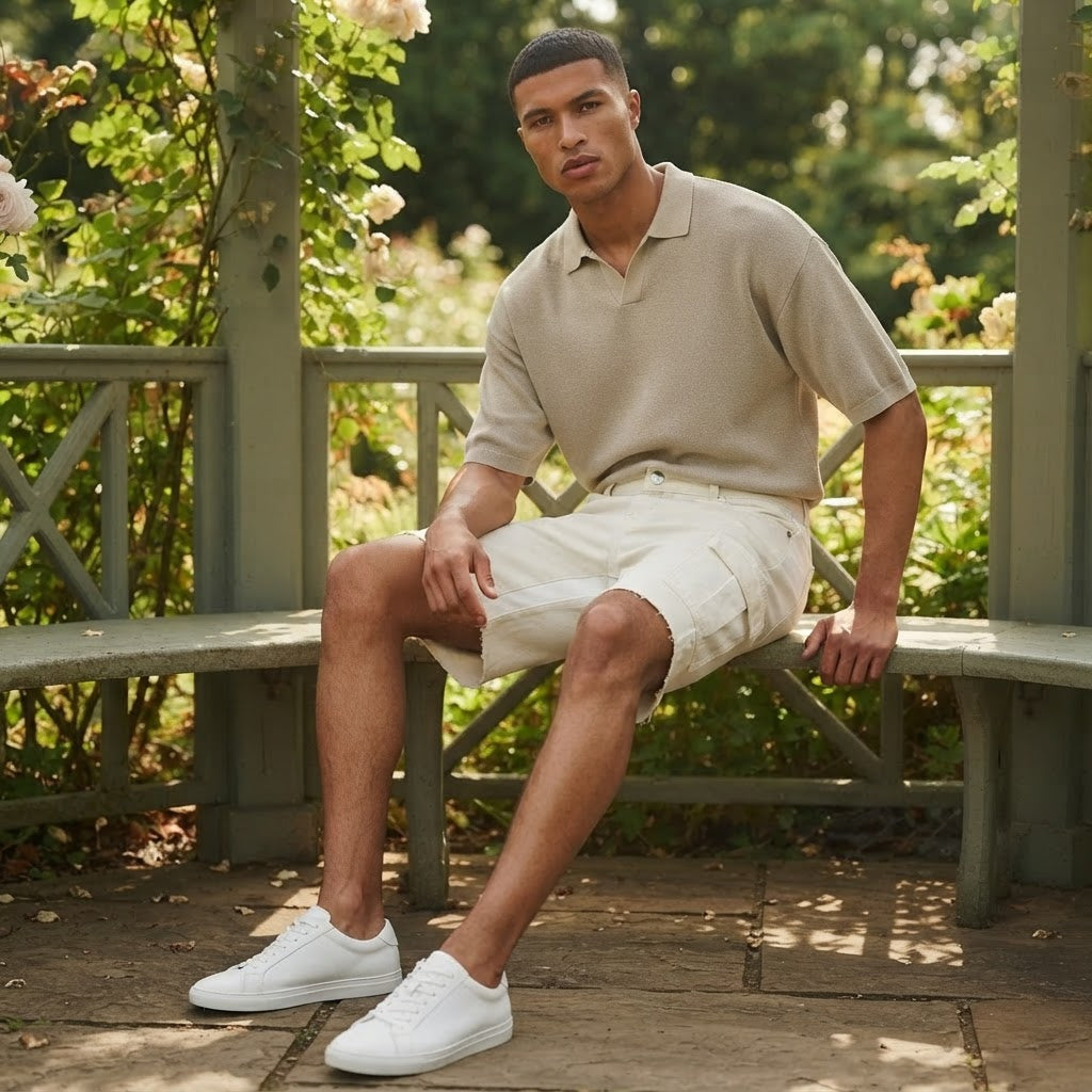 [WearU Generated:campaign_2] Boohooman Ecru Cotton Twill Colour Block Wide-Leg Cargo Shorts – detail view