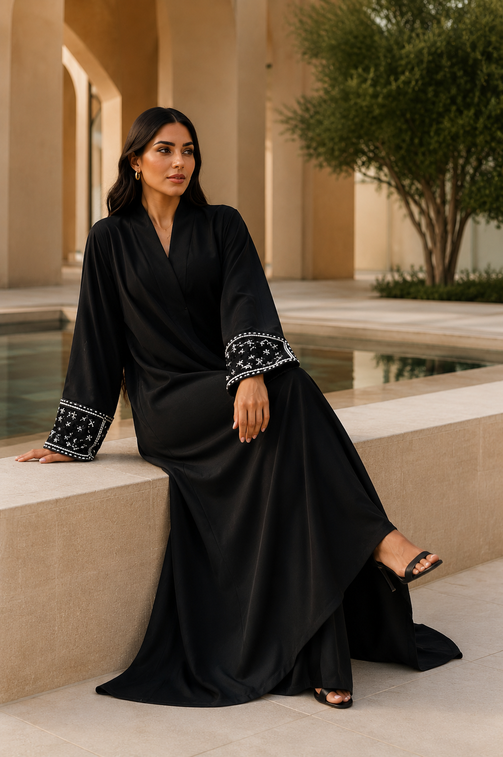 Women's Black Embellished Open-Front A-Line Abaya - Size 56