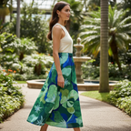 SHEIN Women's Green and Blue Tropical Floral A-Line Midi Ski