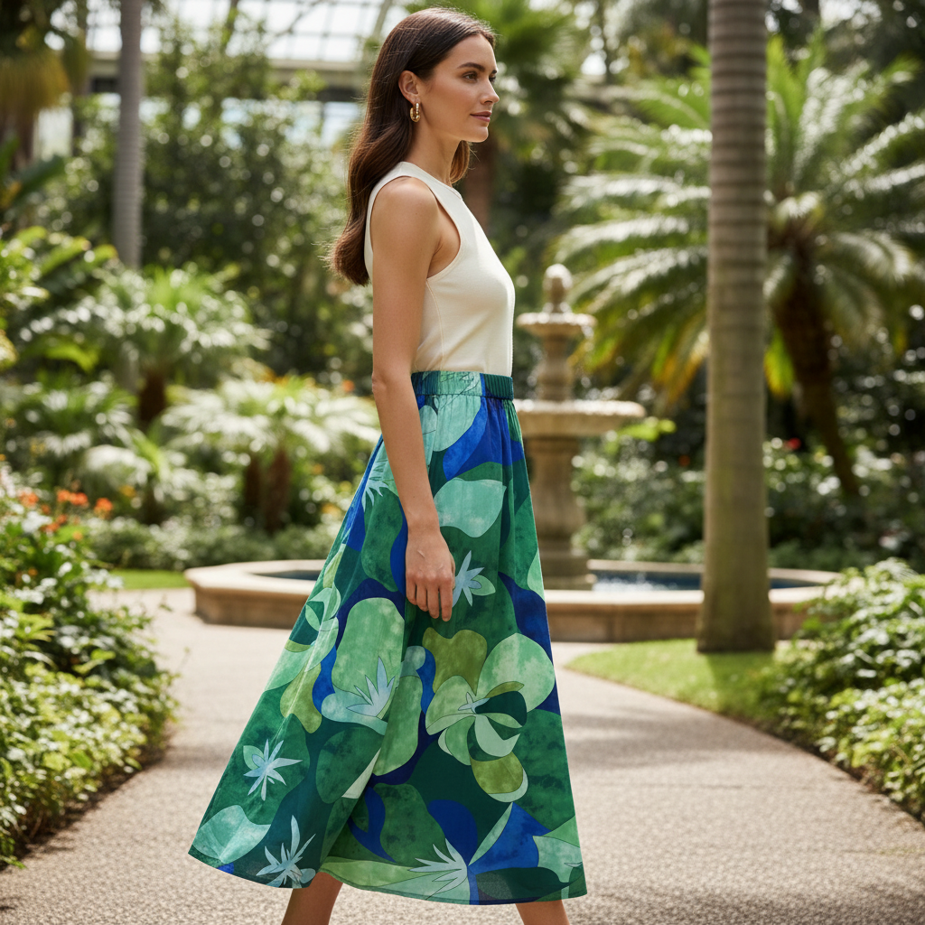 SHEIN Women's Green and Blue Tropical Floral A-Line Midi Ski