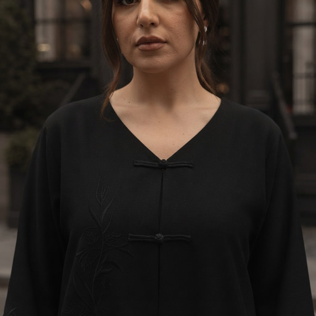 represent Black Embroidered Abaya with Tonal Frog-Knot Closu