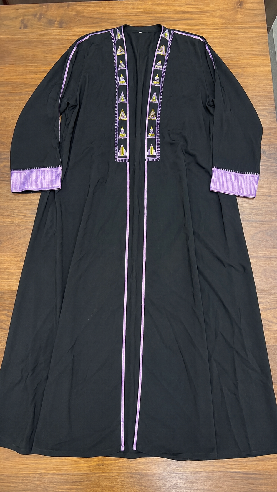 Black Open Front Gulf Style Abaya with Purple Embroidery