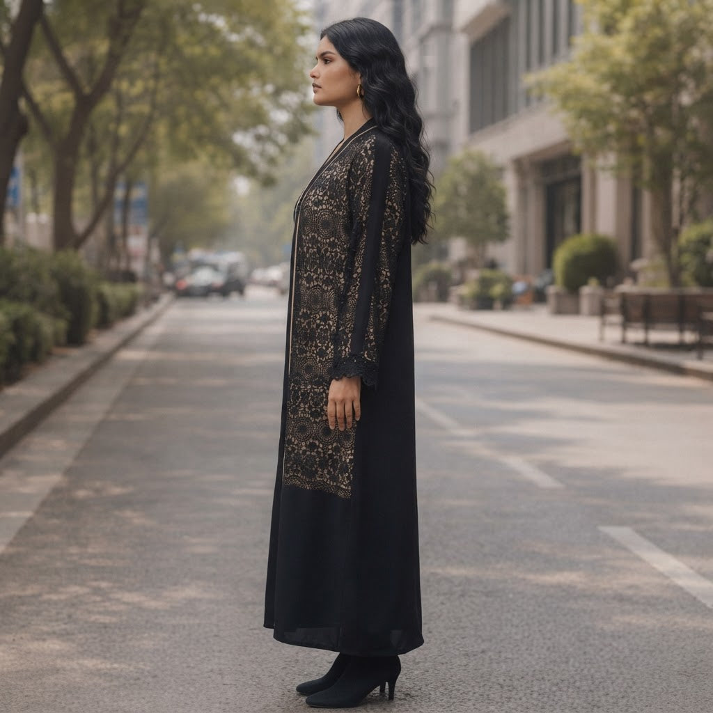 guess Black Guipure Lace Long-Sleeve Ankle Dress with Nude T