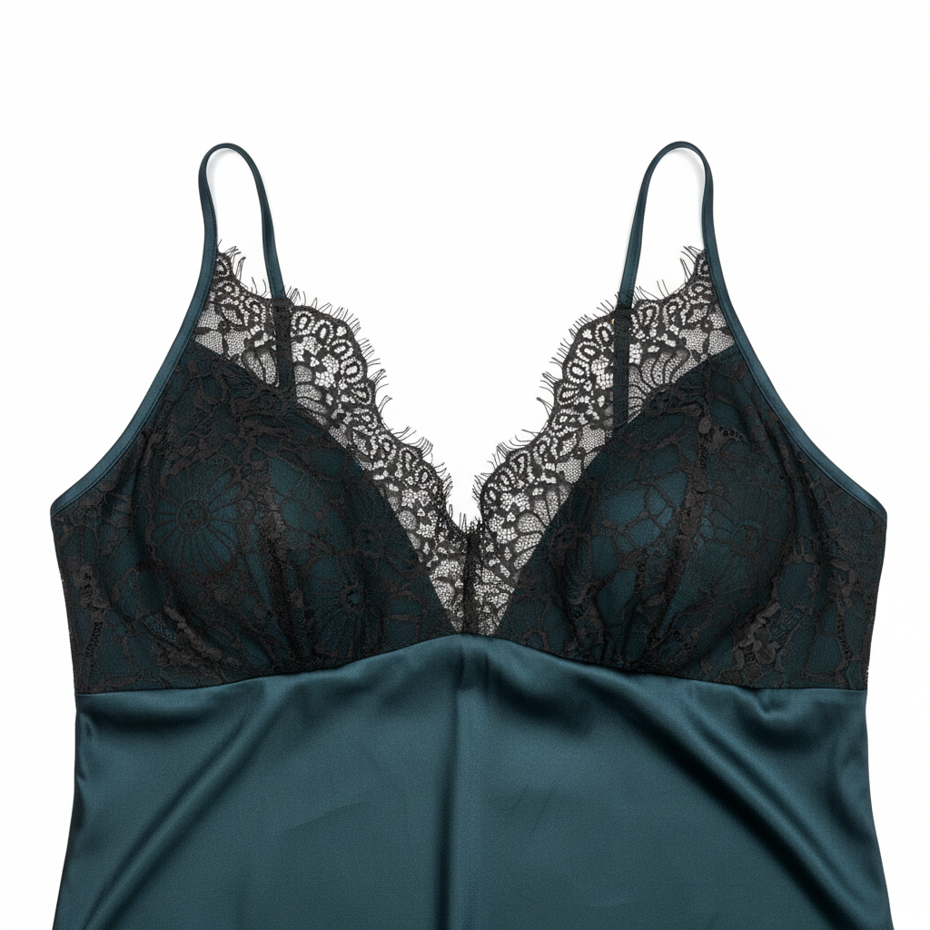 Women's Teal Satin Lace Trim Nightwear Chemise