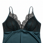 Women's Teal Satin Lace Trim Nightwear Chemise