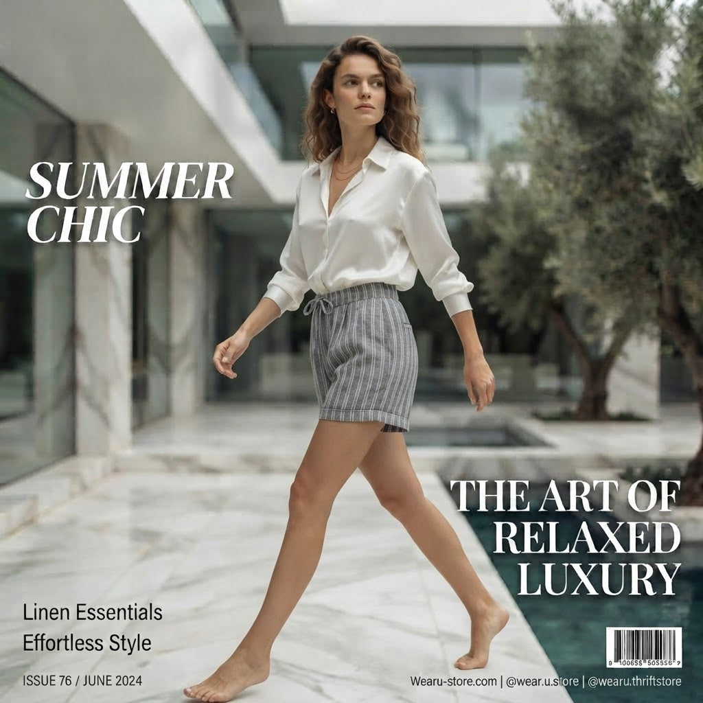 Dark Grey and White Striped Drawstring Linen Shorts