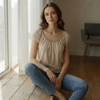 Love and Money Oatmeal Gathered Scoop Neck Top with Braided
