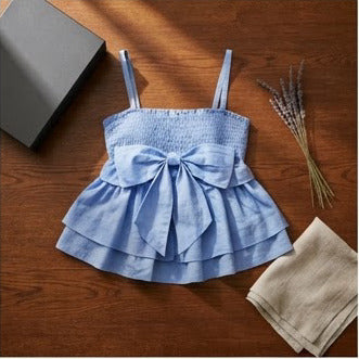 Blue Smocked Bow Tiered Sleeveless Summer Top