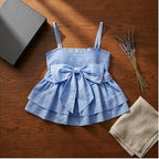 Blue Smocked Bow Tiered Sleeveless Summer Top
