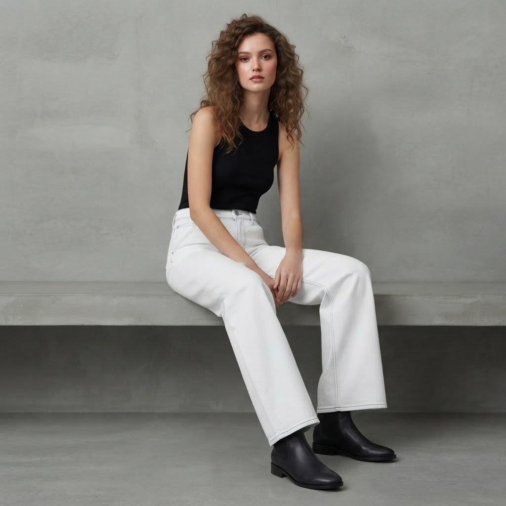 Conbipel White Wide Leg Stretch Jeans with Contrast Stitchin