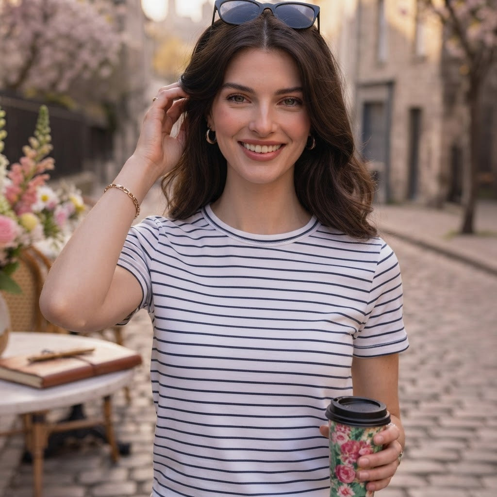 essentials White and Navy Striped Short-Sleeve Stretch T-Shi