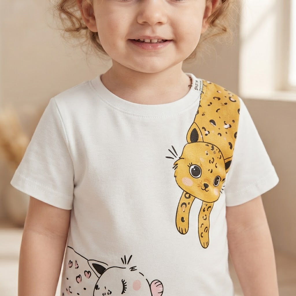 SHEIN White Short-Sleeve T-Shirt with Asymmetric Cat Graphic