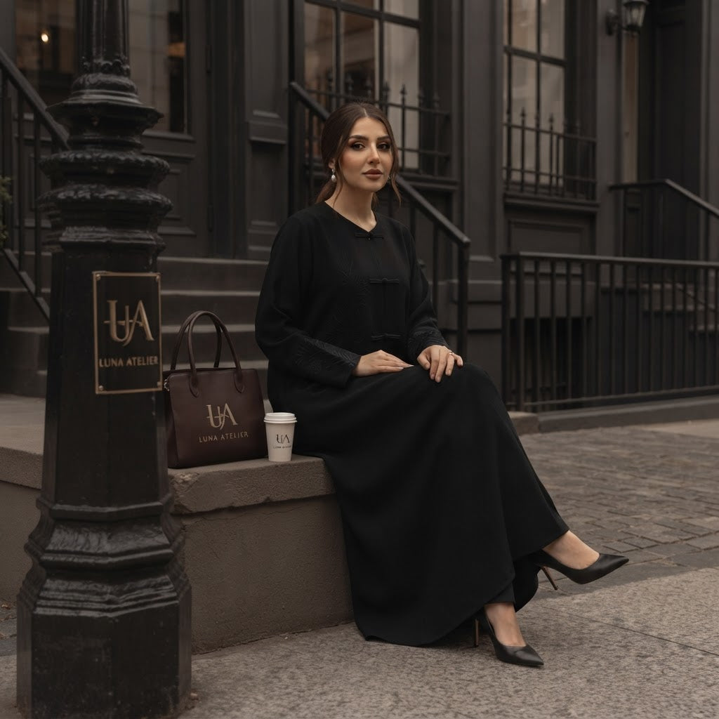 represent Black Embroidered Abaya with Tonal Frog-Knot Closu