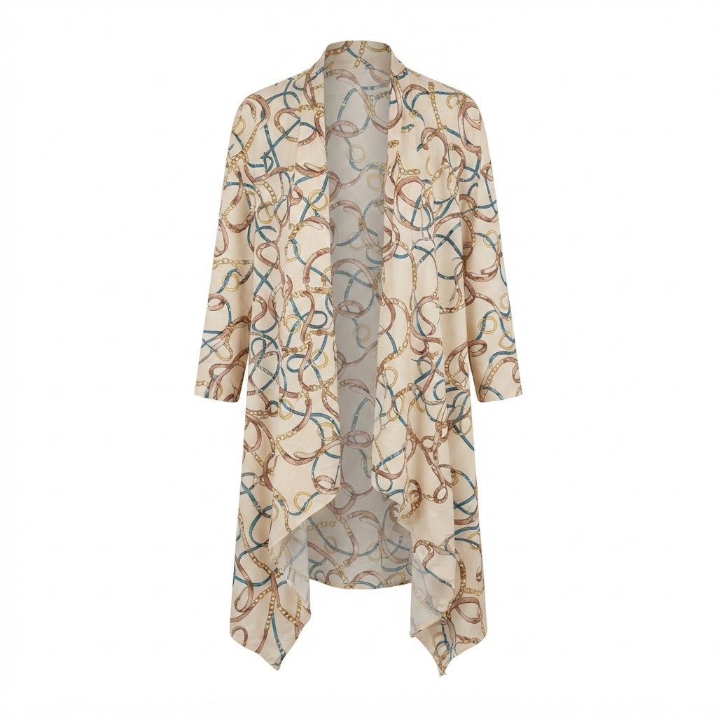 SHEIN Women's Beige Longline Chain Print Open-Front Cardigan
