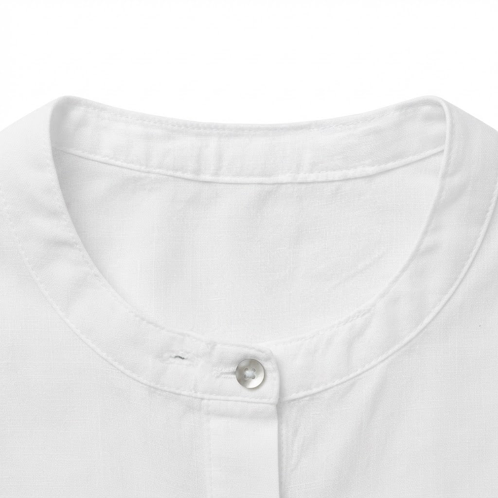 C&A Women's White Collarless Short Sleeve Linen Shirt