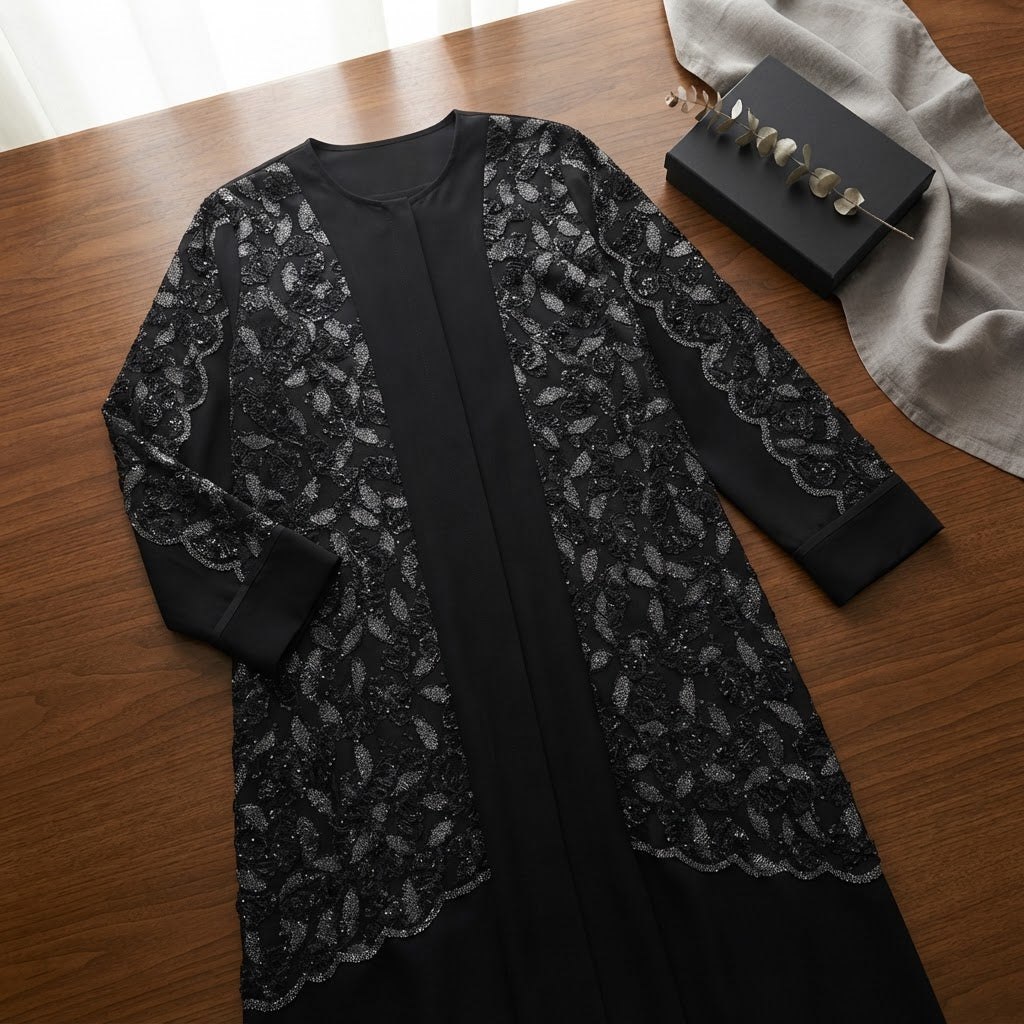 Black Embellished Long-Sleeve Formal Abaya Dress
