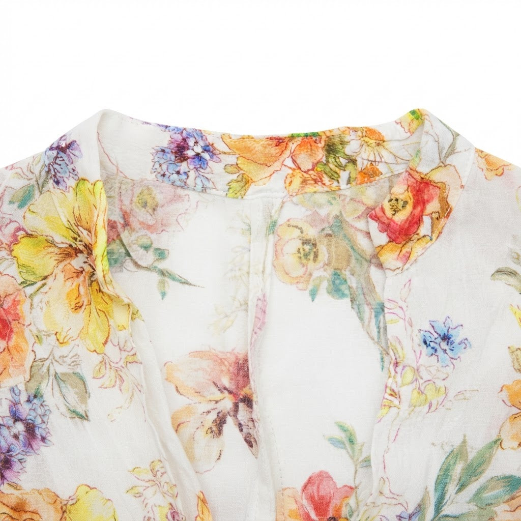 Women's White Floral Short Sleeve Relaxed Blouse