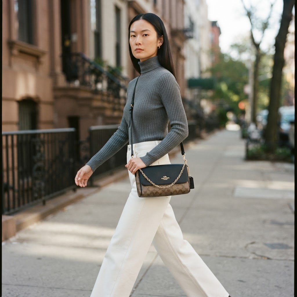 COACH NEW YORK Black Leather and Monogram Crossbody Bag