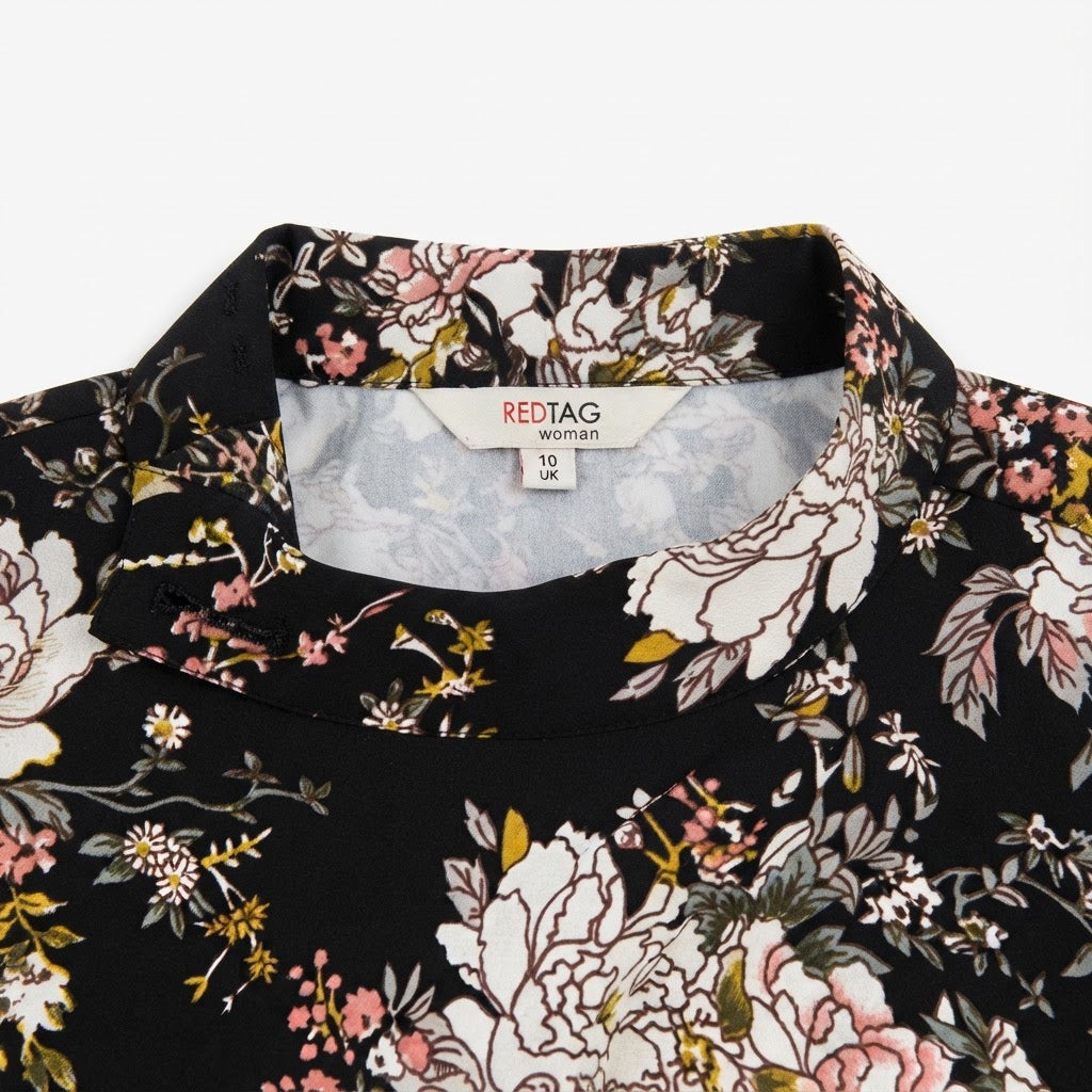 Women's Black Floral Ruffle High-Neck Blouse