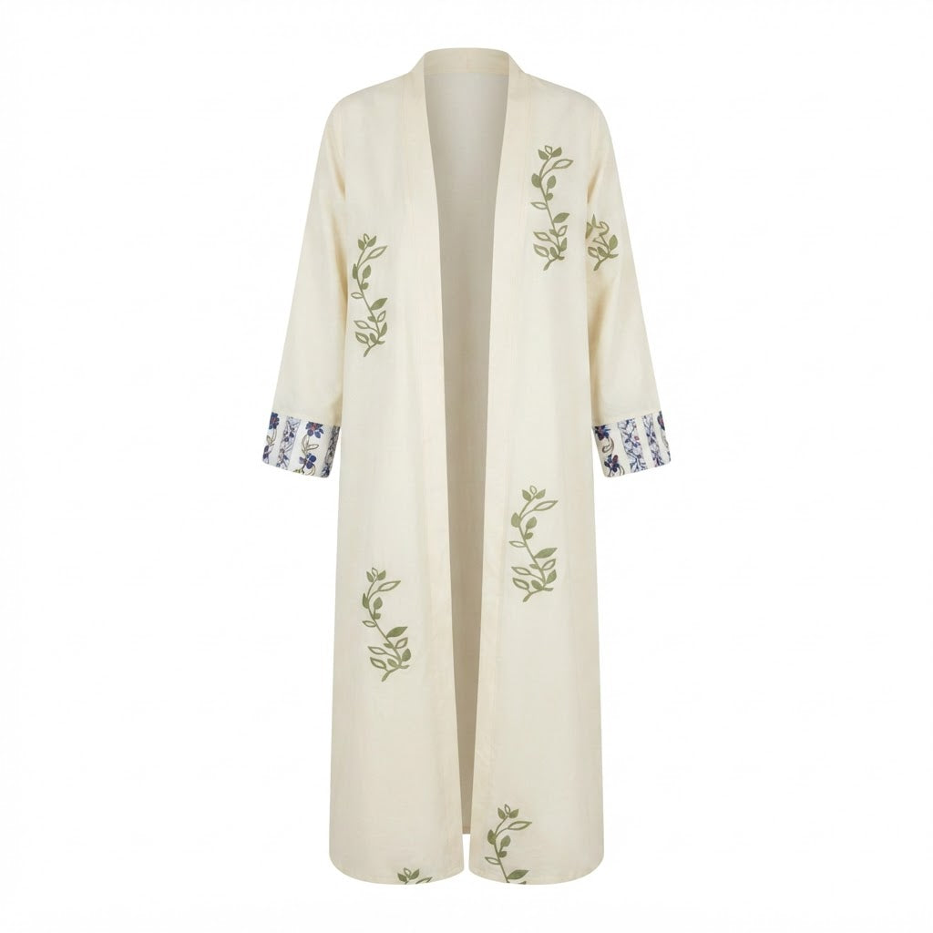 Women's White Embroidewhite Longline Kimono Abaya Robe