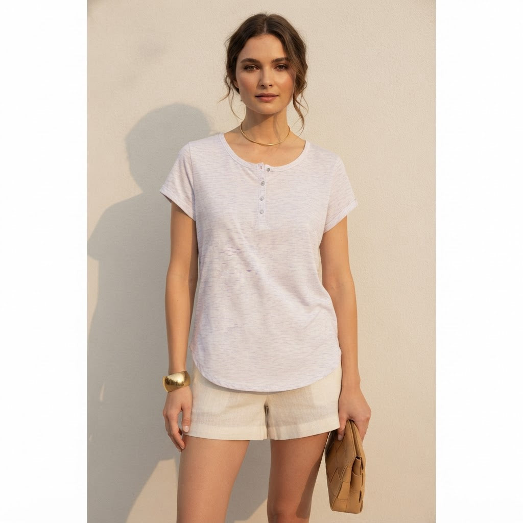 B Collection Lavender Space-Dye Henley T-Shirt with Cap Slee