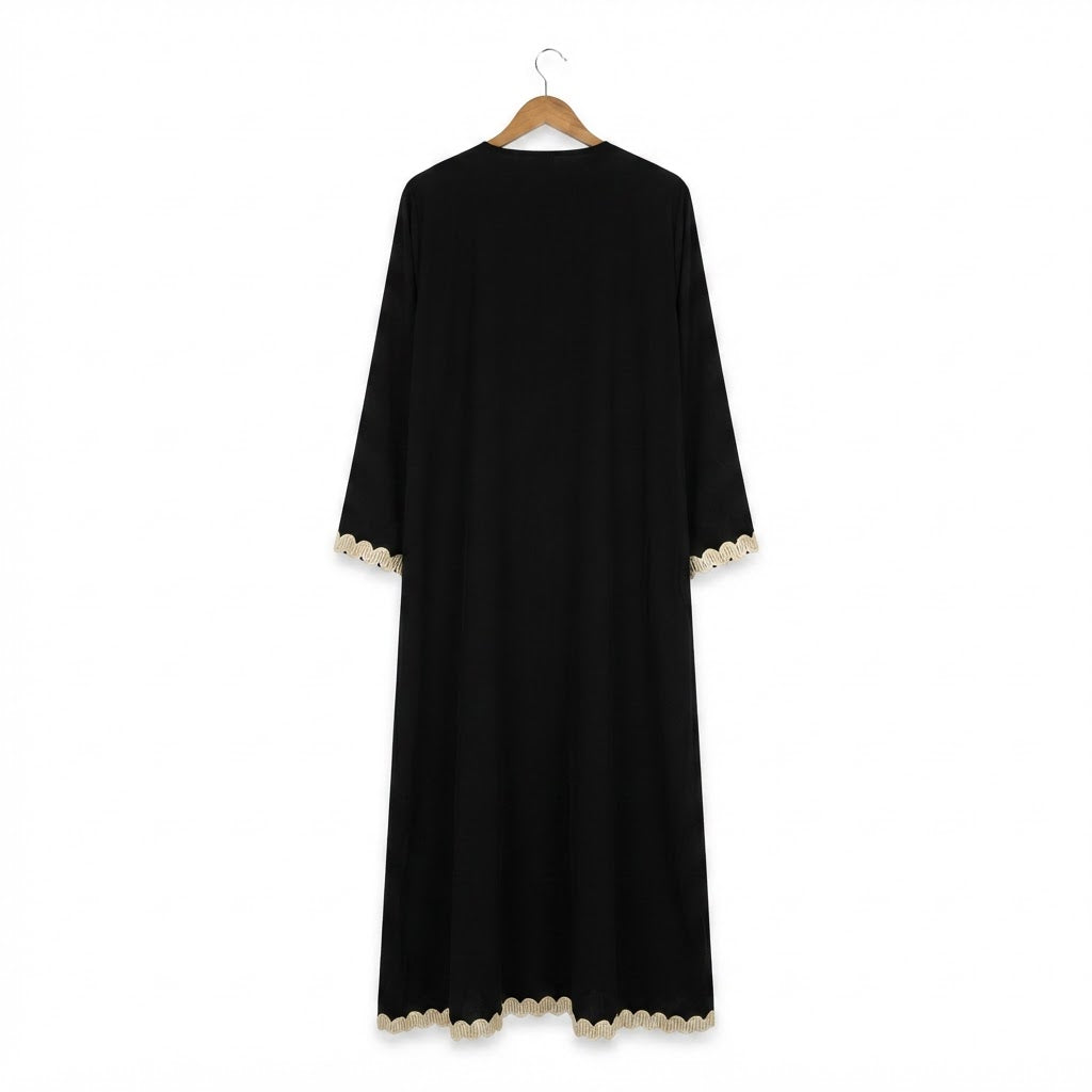 Women's Black Embroidered Kaftan Abaya with Gold Trim
