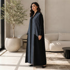 Black Open-Front Bisht Robe with Blue Jacquard Panels