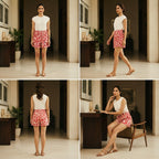 Red and White Abstract Print High-Waist Shorts