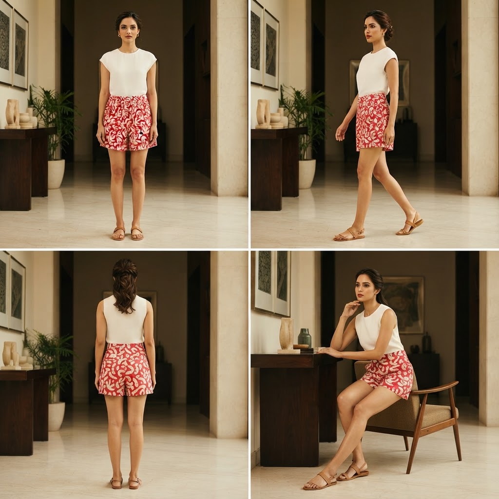 Red and White Abstract Print High-Waist Shorts