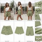 Sage Green Paperbag Waist Linen Shorts with Tie Belt