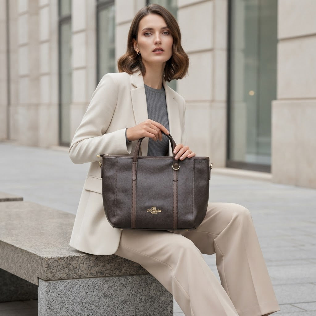 Chrisbella Dark Brown Textured Top-Handle Tote