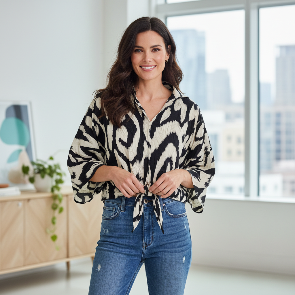 F&F Black and White Abstract Print Tie-Front Shirt