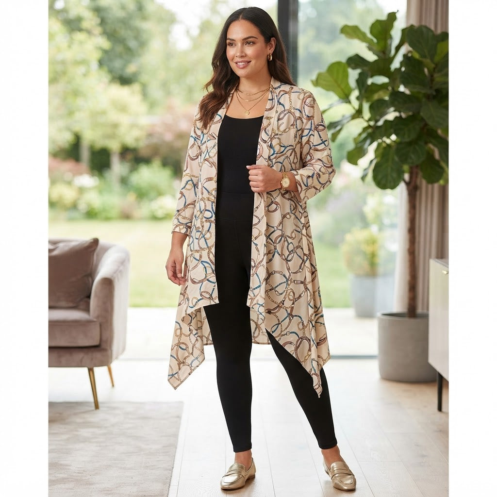 SHEIN Women's Beige Longline Chain Print Open-Front Cardigan