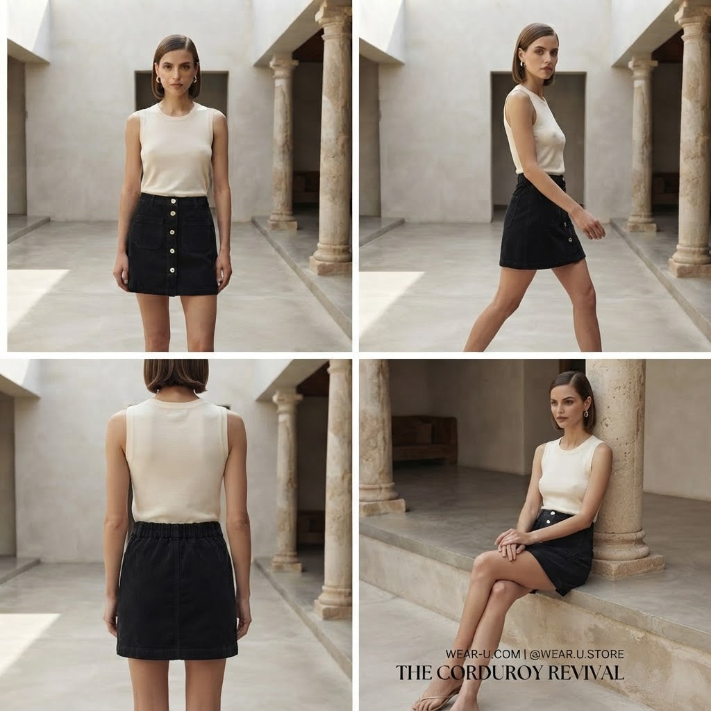 Black Button-Down Corduroy Mini Skirt with Patch Pockets